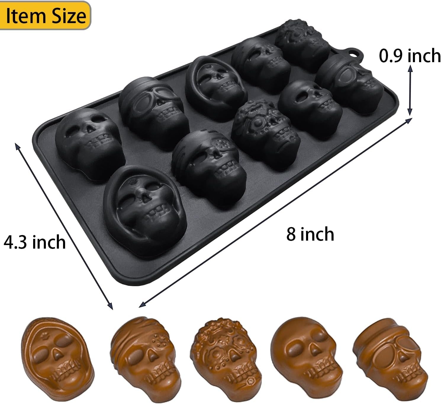 10 Cavity Skull Chocolate Molds Silicone Skull Candy Mold for Jelly Crayon Resin, Pack of 2 (Black)