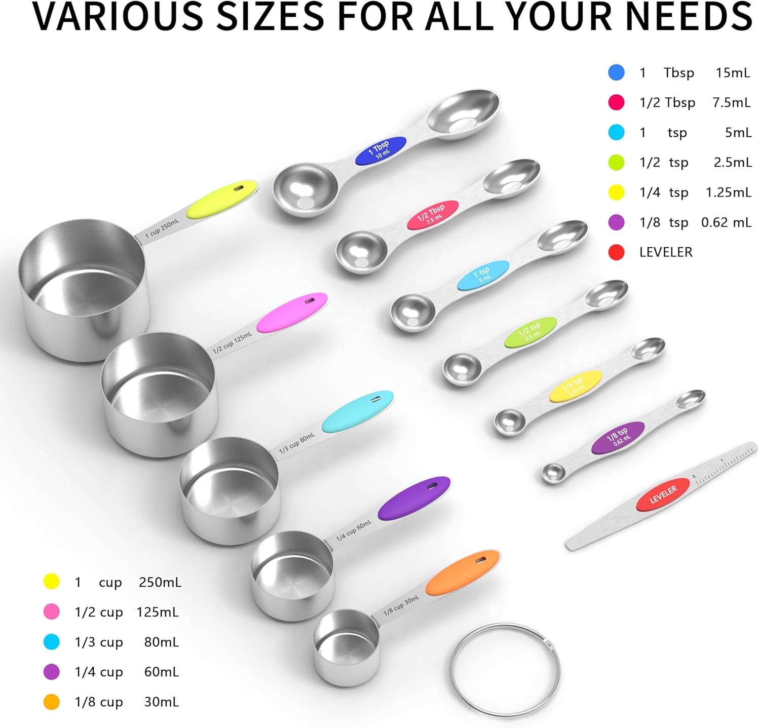 Measuring Cups and Magnetic Measuring Spoons Set, Stainless Steel Measuring Cups, 6 Double-Sided Stainless Steel Measuring Spoons & 1 Leveler (12)