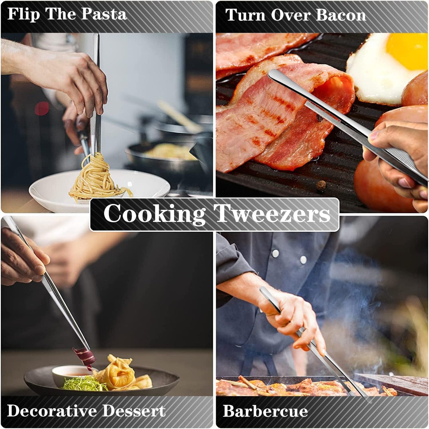 2 Pcs 10-Inch Cooking Tweezers Stainless Steel, Straight Food Tweezers, Professional Kitchen Forceps for Cooking Repairing and BBQ (Silver)