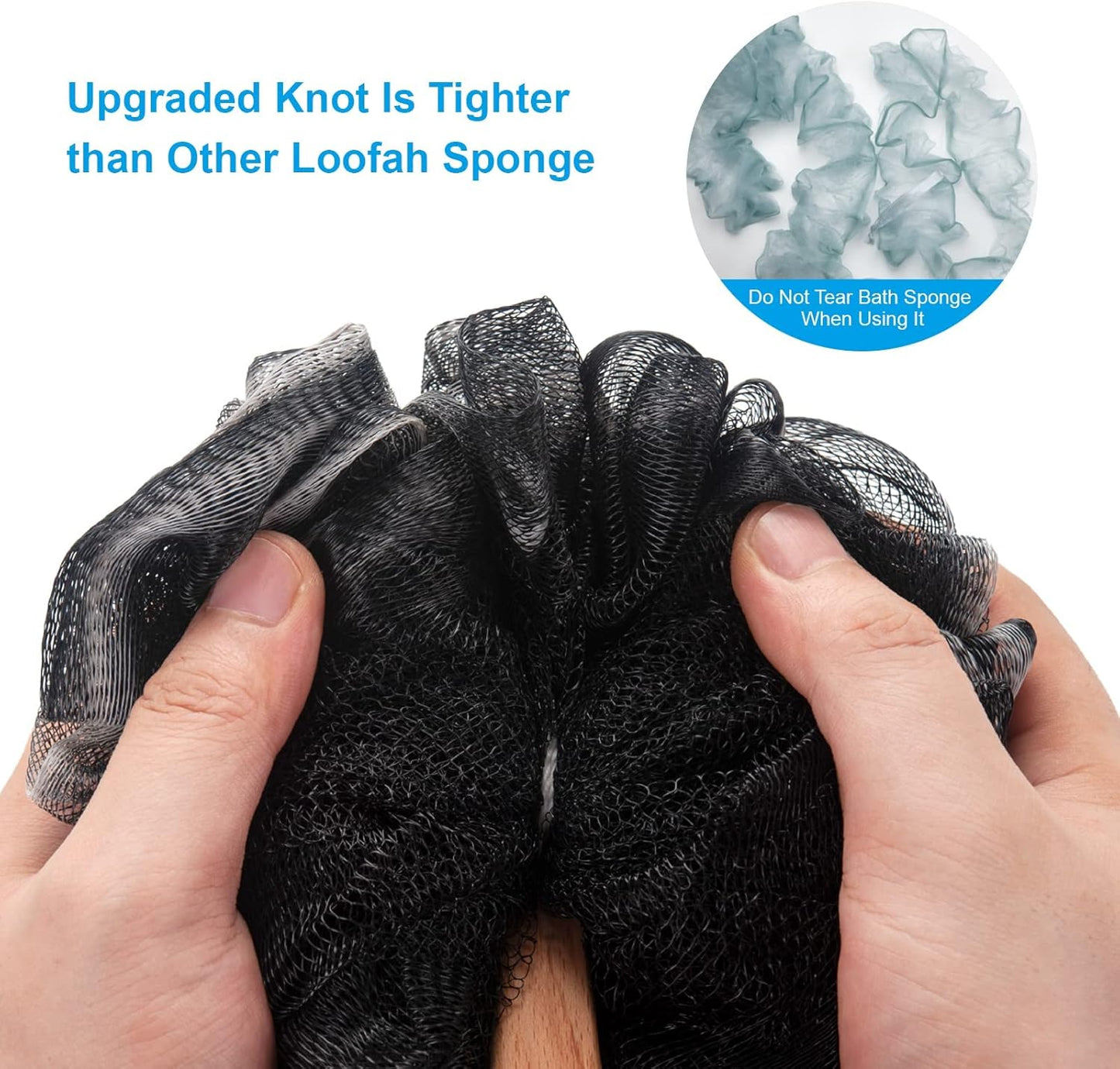 Shower Sponge Loofah Back Scrubber, PE Soft Mesh Loofah Body Scrubber with Long Wooden Handle, Bath Sponge for Men Women (Black)