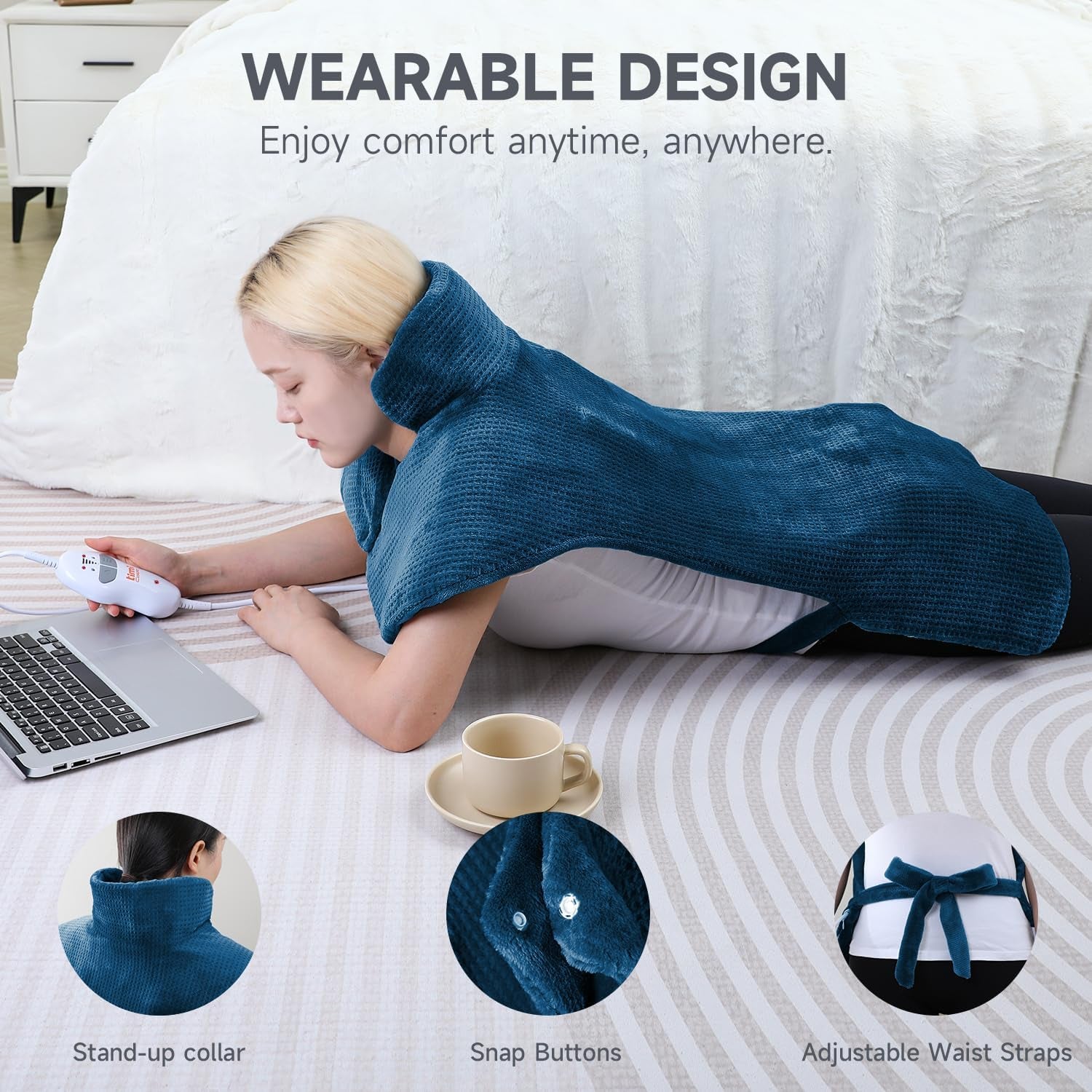 Heating Pad for Neck - Wearable Electric Heating Pads for Back, Shoulder and Waist, Large Heat Pad with 4 Massage Modes & 2 Heat Levels for Women, Men, Mom, 24"X35", 2 Motor, Teal
