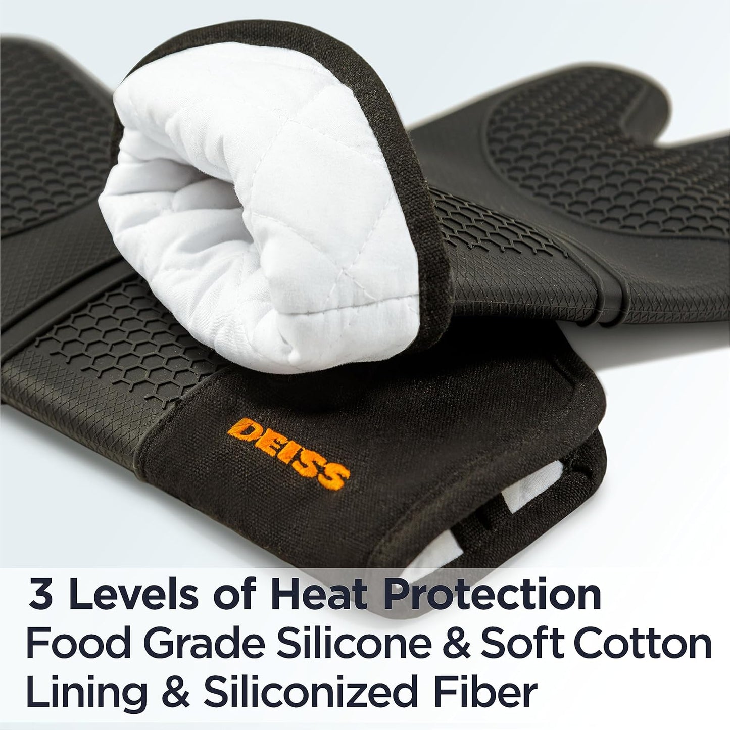 PRO Heat and Stain Resistant Silicone Oven Mitts Set, Soft Cotton Lining BBQ Gloves, Waterproof, Extra Long Flexible Thick Kitchen Mitts for Cooking, Non-Slip Grip Oven Gloves