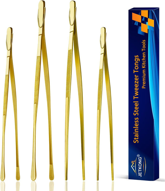 4 Pcs Kitchen Tweezers, 12'' and 10'' Stainless Steel Cooking Tweezers Set, High-Precision Tweezers Tongs for Cooking, Repairing, Seafood and BBQ (Gold)
