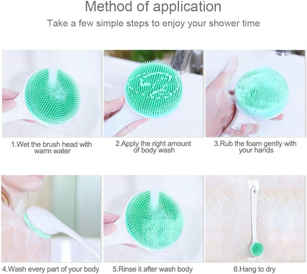 Silicone Body Scrubber Exfoliator, Back Brush Long Handle for Shower with Soft Bristles, Shower Brush Scrubber for Body Men and Women, BPA Free, Non-Slip