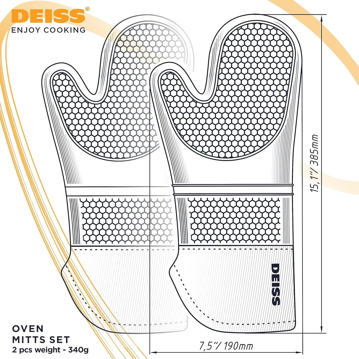 PRO Heat and Stain Resistant Silicone Oven Mitts Set, Soft Cotton Lining BBQ Gloves, Waterproof, Extra Long Flexible Thick Kitchen Mitts for Cooking, Non-Slip Grip Oven Gloves