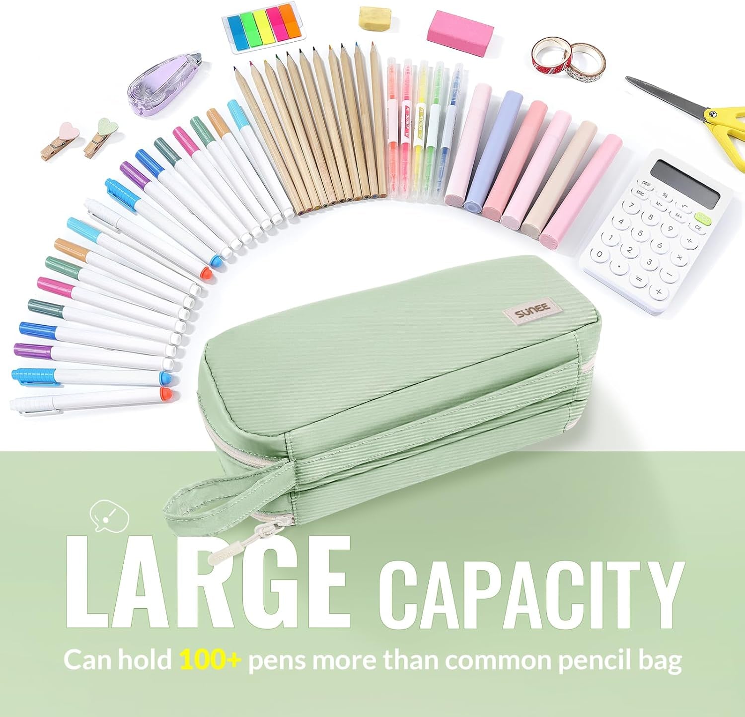 Pencil Case, Large Capacity Pencil Pouch, Aesthetic Pen Bag Office Stationery Organizer Simple Sturdy Multifunctional for Teen Girls Women Men, Green