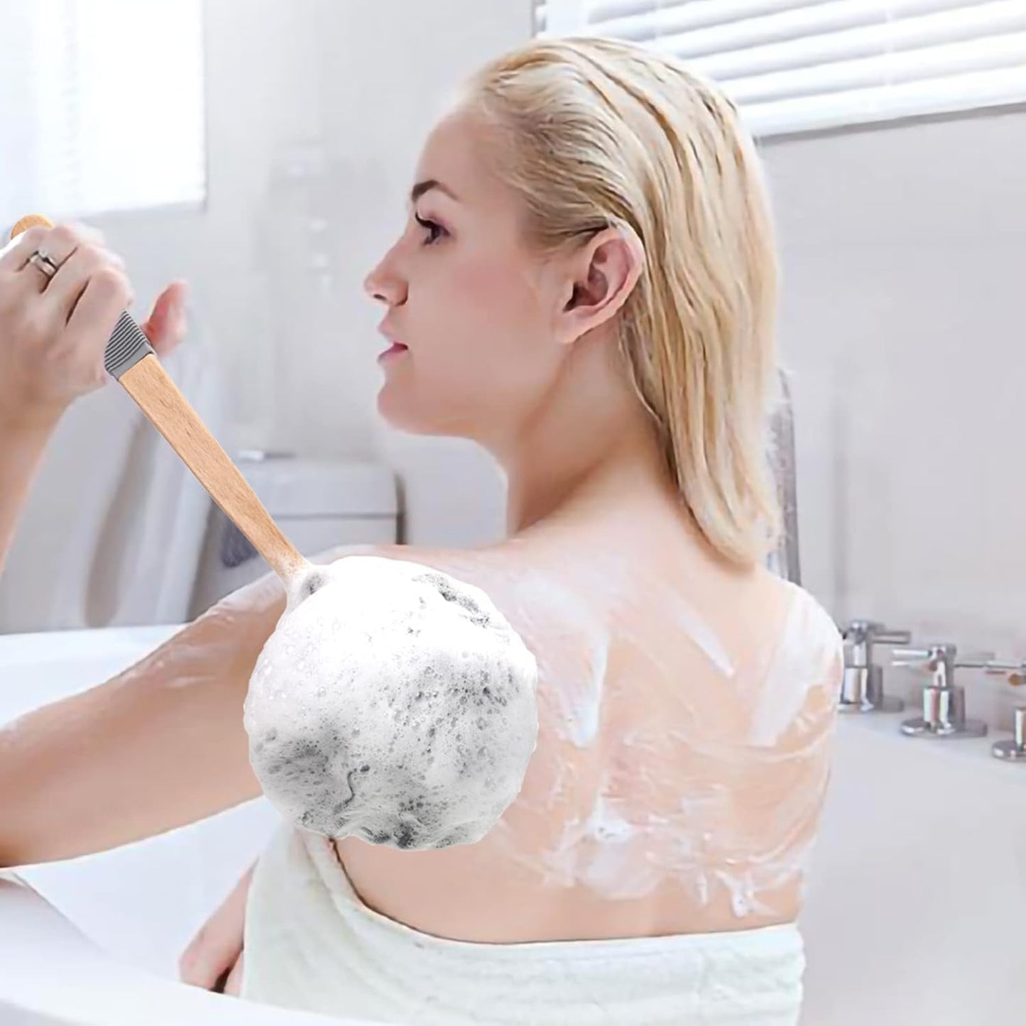 Shower Sponge Loofah Back Scrubber, PE Soft Mesh Loofah Body Scrubber with Long Wooden Handle, Bath Sponge for Men Women (Black)