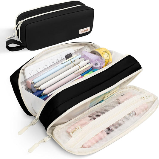 Pencil Case, Large Capacity Pencil Pouch, Aesthetic Pen Bag Office Stationery Organizer Simple Sturdy Multifunctional for Teen Girls Women Men, Black