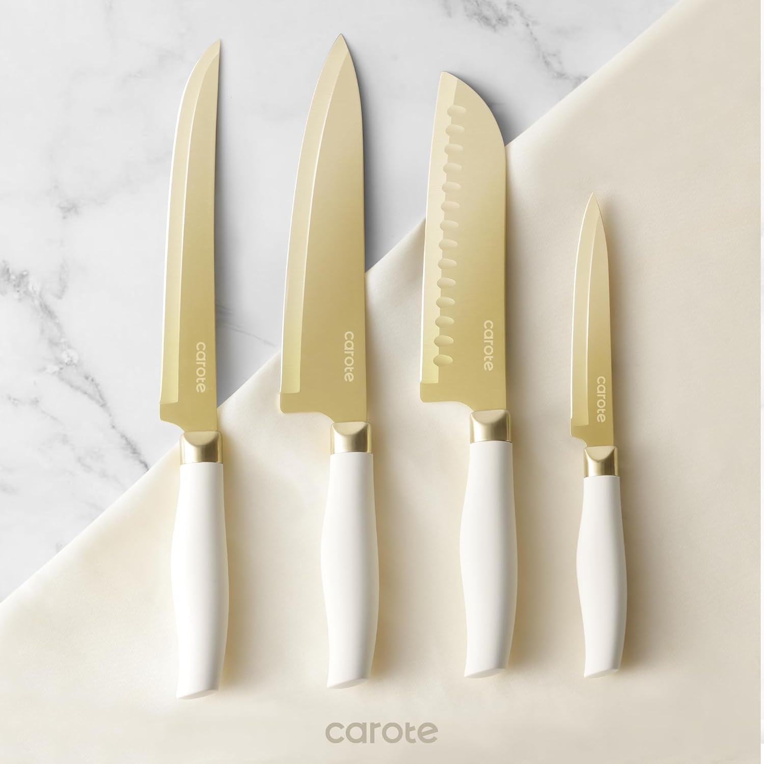 12PCS Kitchen Knife Set, Healthy Gold Titanium Coating Knife Set, Dishwasher Safe with 6 Blade Guards, Rustproof Stainless Steel Cutlery Set, White and Gold