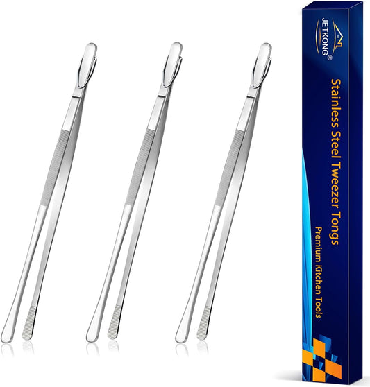 3 Pcs Serving Tweezer Tongs 9-Inch Cooking Tweezers Kitchen Tweezers (9 9 9 Inch, Silver)