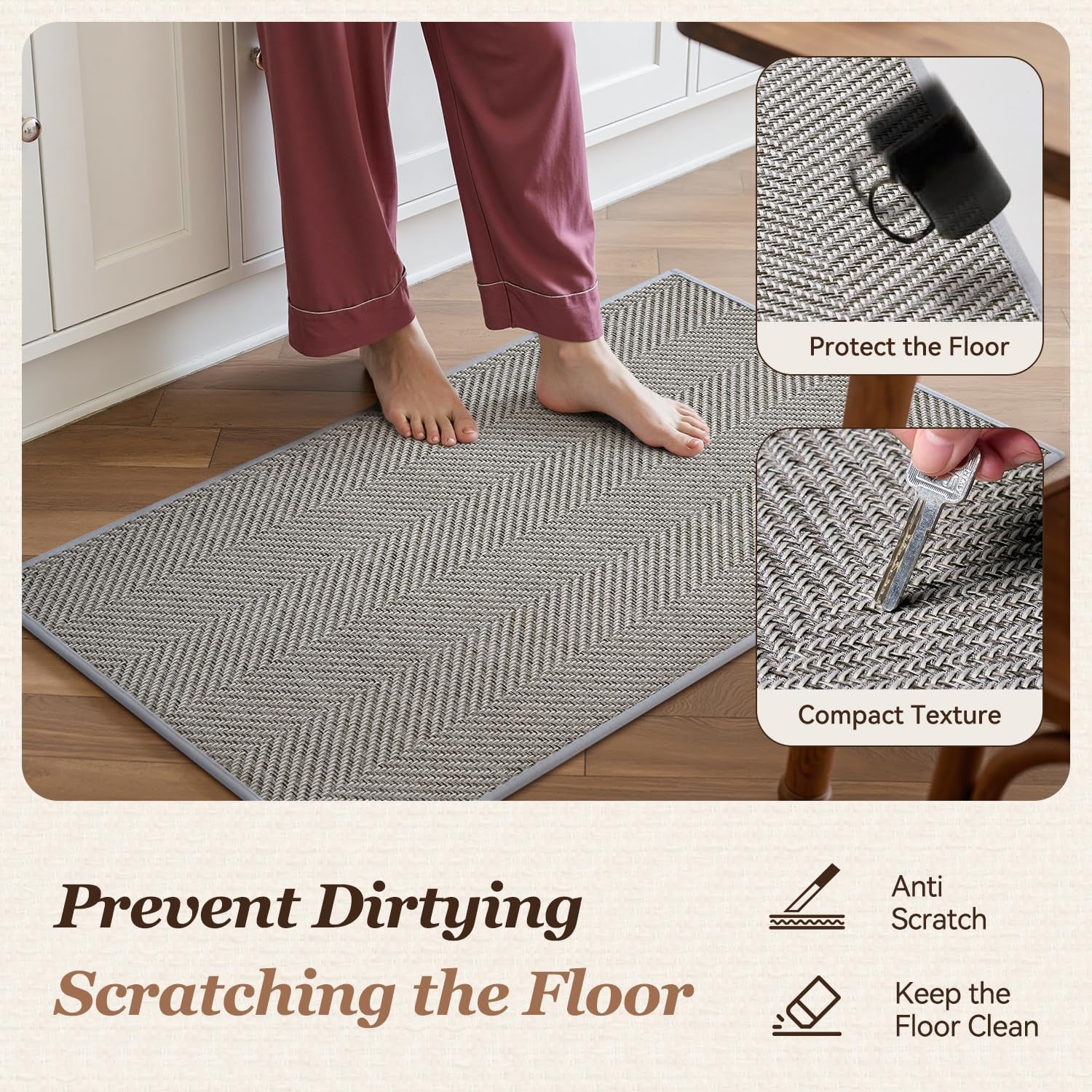Kitchen Rugs-Non Slip Washable Kitchen Mats for Floor-Absorbent and Easy to Clean Rugs for Kitchen in Front of Sink, Laundry, Office, Home, 17"*30", Grey