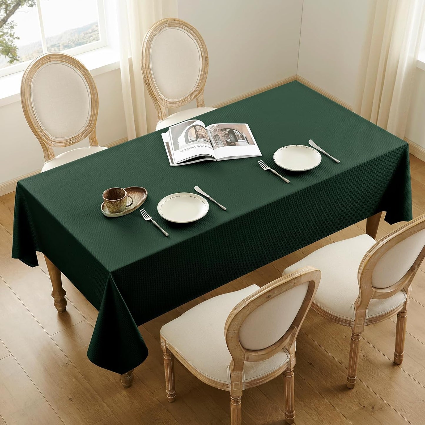 Rectangle Tablecloth Weaved Textured Water Resistant Spill Proof Table Cloth, Decorative Fabric Wrinkle Free Table Cover for Events and Dinner, 60 X 84 Inch, Hunter Green