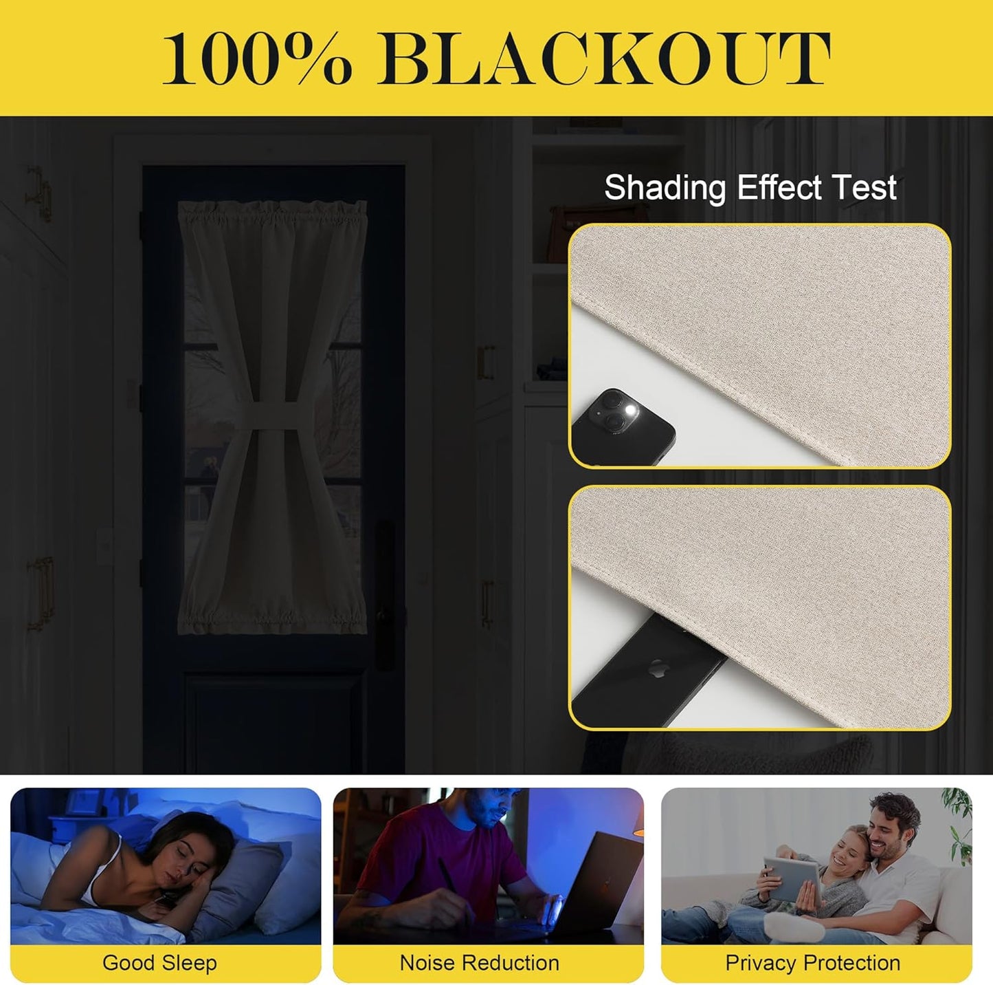 100% Blackout Curtain for Door Window - Privacy Room Darkening Shade, Thermal Insulated French Door Curtain with Tie Back, Elegant Home Decoration, 1 Panel, 25 X 72 Inch, Linen