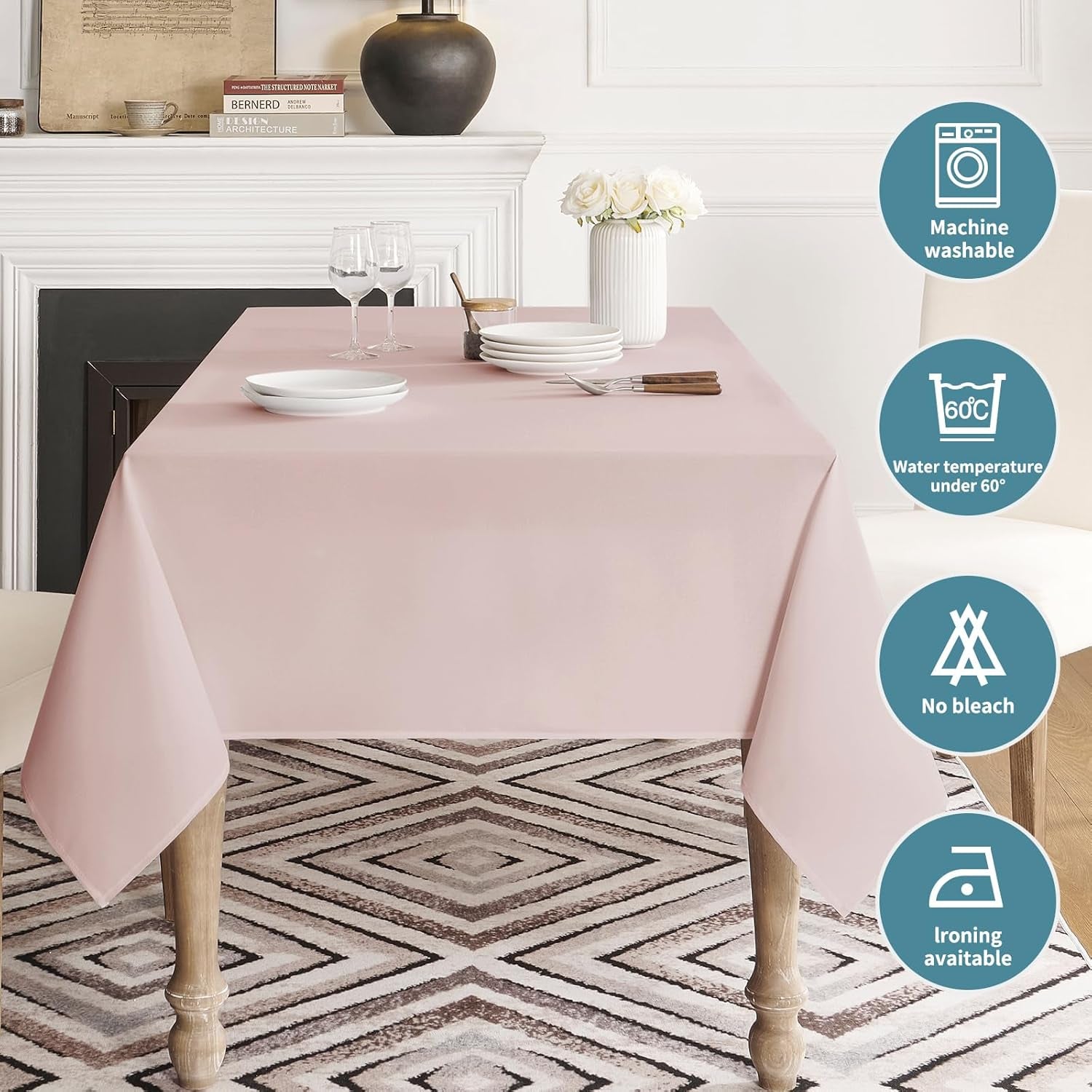 Tablecloth Rectangle Waterproof Spill-Proof Wrinkle-Free Table Cloth Washable, Kitchen Dining Tabletop Decoration, Fabric Table Cover for Indoor and Outdoor Use, 60 X 120 Inch, Pink