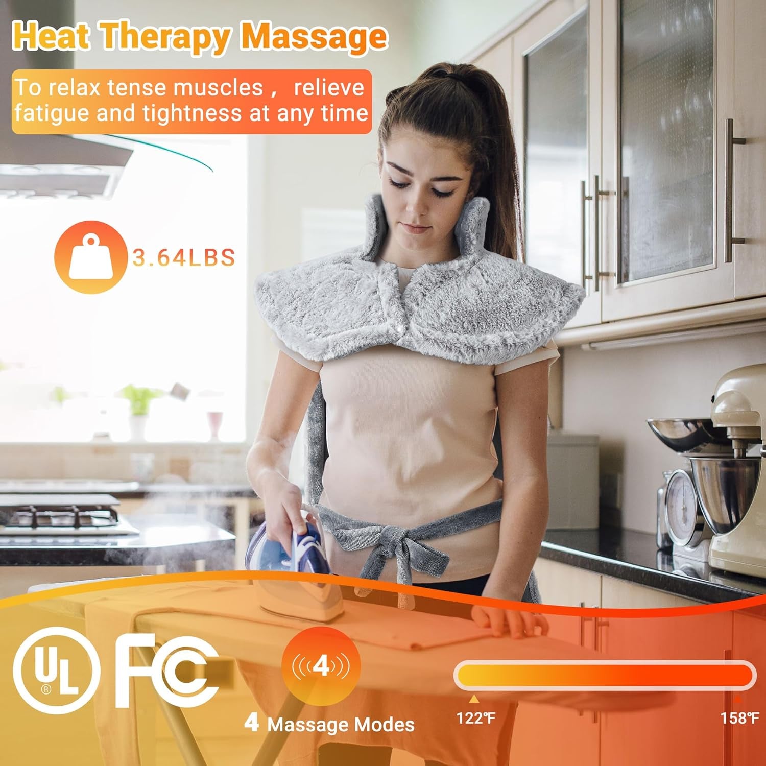 Massaging Heating Pad for Neck and Shoulders and Back, 24" X 35" Large Electric Heating Pad for Back Pain Relief with 3 Heat Levels, 4 Massage Settings, 2H Auto Shut-Off, 4 Massage Motors,Grey