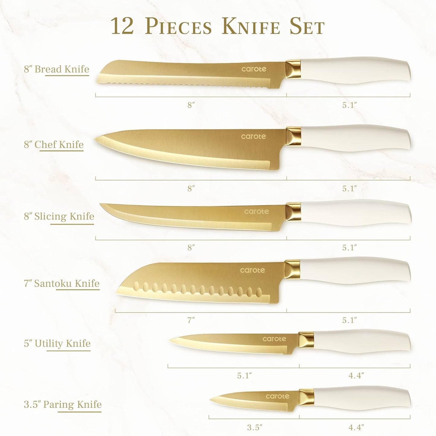 12PCS Kitchen Knife Set, Healthy Gold Titanium Coating Knife Set, Dishwasher Safe with 6 Blade Guards, Rustproof Stainless Steel Cutlery Set, White and Gold