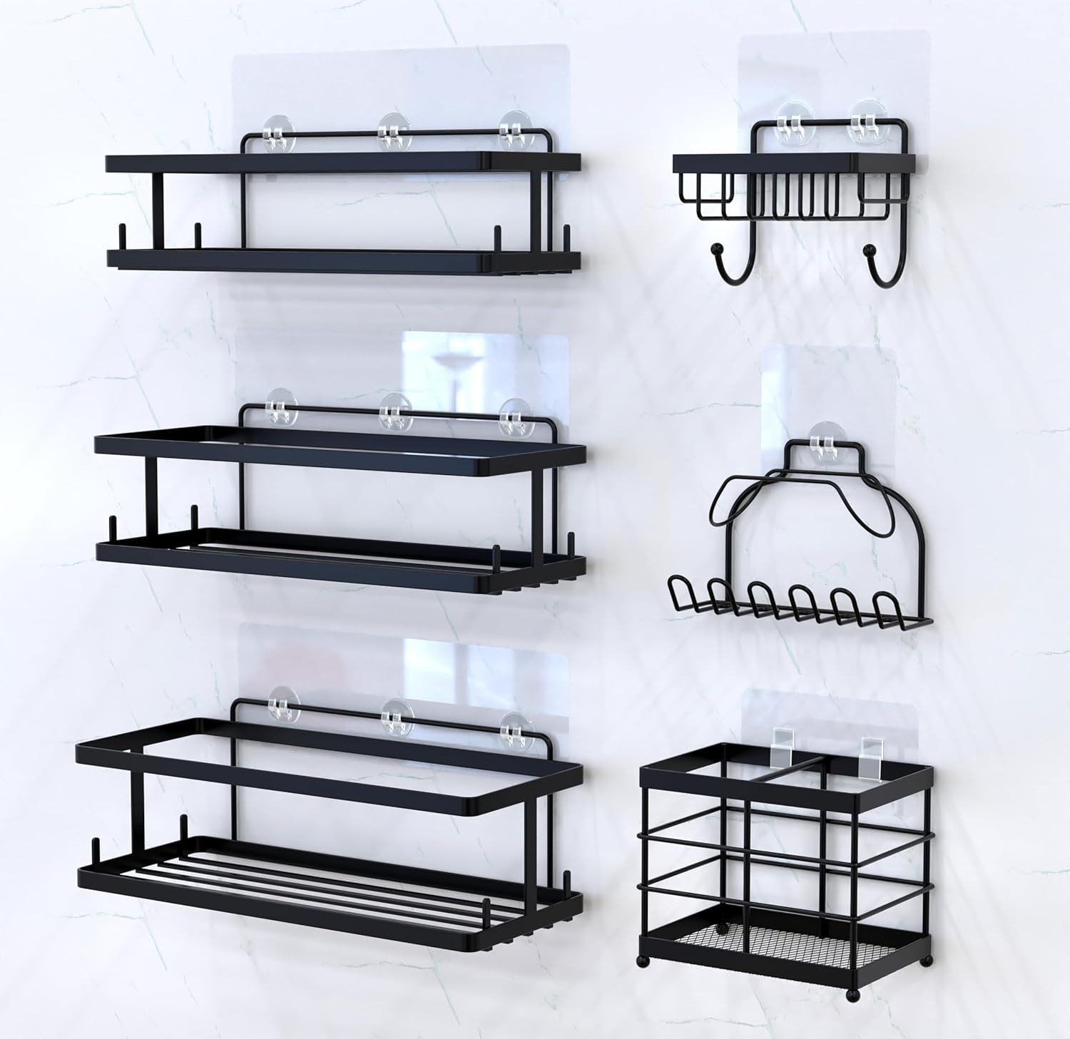 Set of 6 Bathroom Essentials Black Suction Cup Shower Caddy with Shower Baskets, Hooks, Razor Toothbrush Holder, and Soap Dish for inside Shower Storage