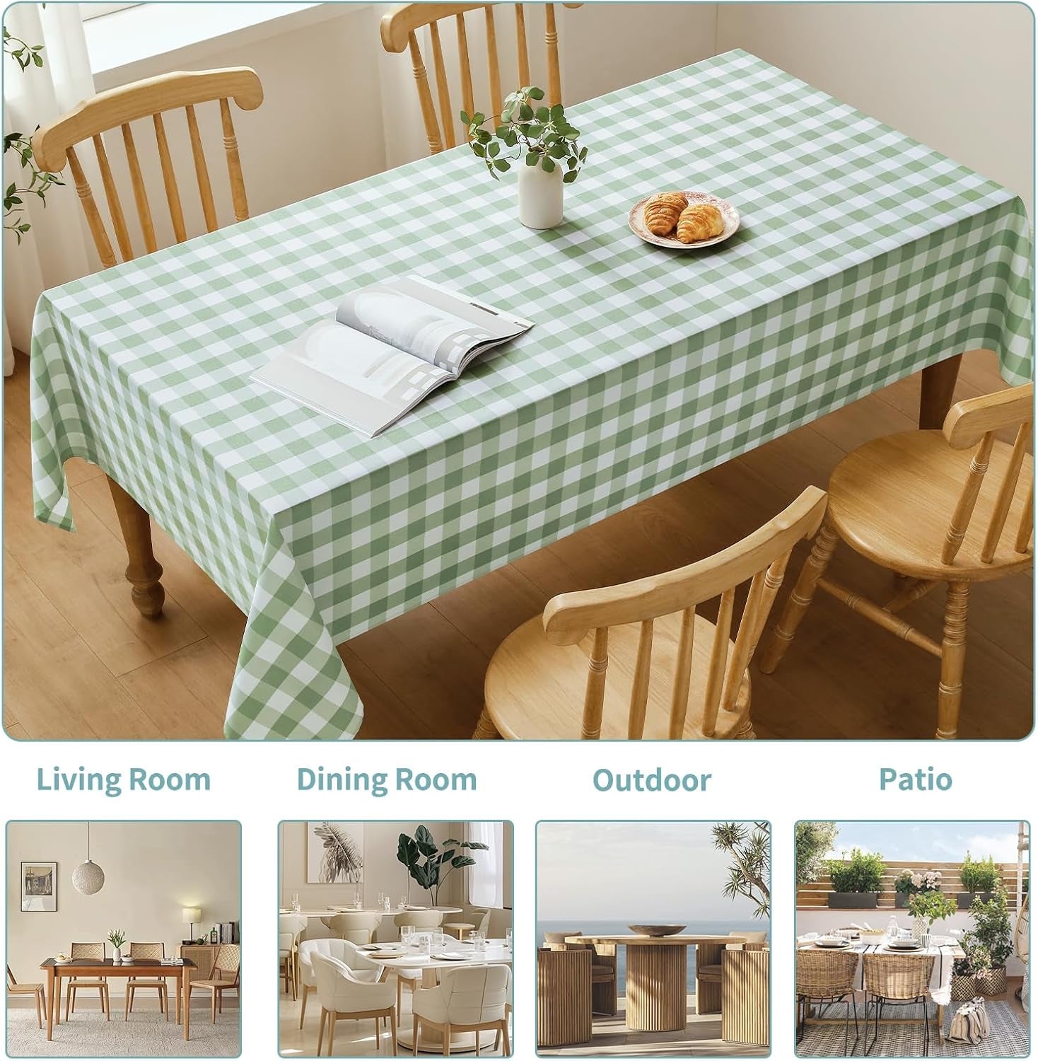 Checkered Tablecloth Rectangle Waterproof Gingham Table Cloth Washable Buffalo Plaid Table Cover Wrinkle Free for Kitchen, Dining and Outdoor Picnic, 52 X 70 Inch, Sage Green and White