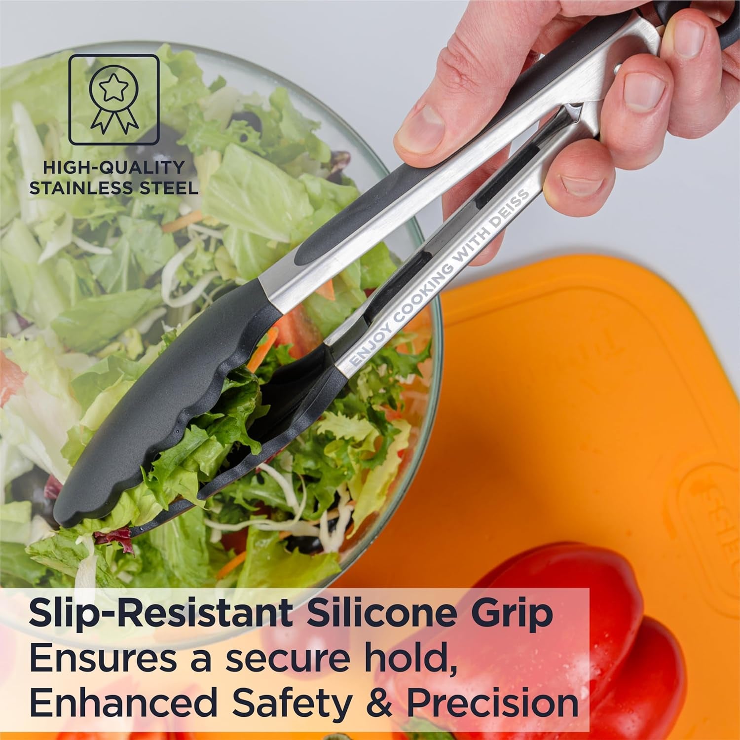 PRO Cooking Tongs with Silicone Tips - Kitchen Tongs for Cooking, BBQ, Air Fryer - Heat Resistant Silicone Tipped Tongs, Silicone Tongs for Nonstick Cookware - Pull Lock, Set of 2, 9'' and 12''