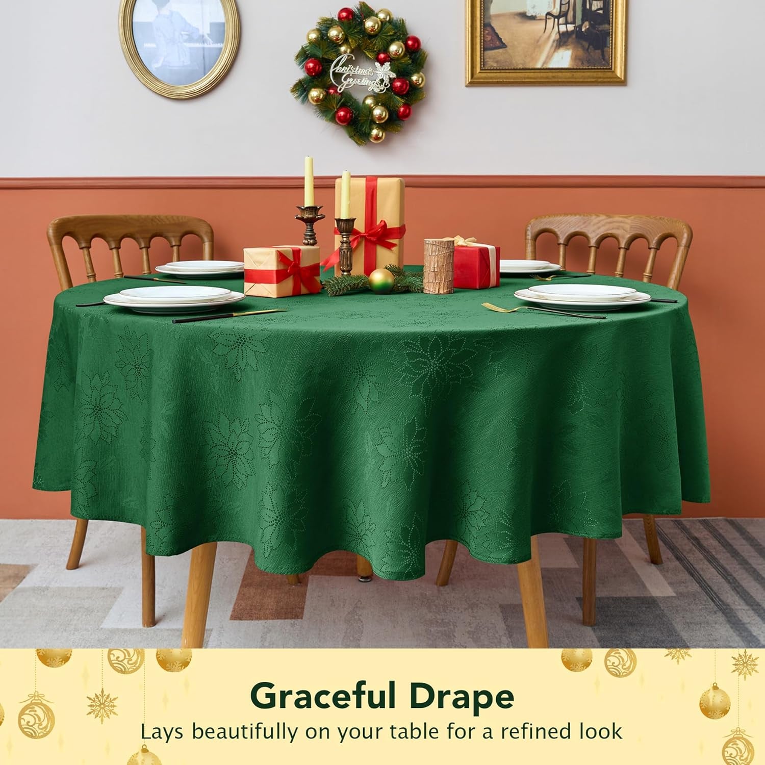Christmas Hunter Green Tablecloth round 60 Inch-Fabric Xmas Holiday Winter Table Cloth-Jacquard Damask Poinsettia Modern Table Cover Small Circle Kitchen Dinner Dining Picnic Holiday Party
