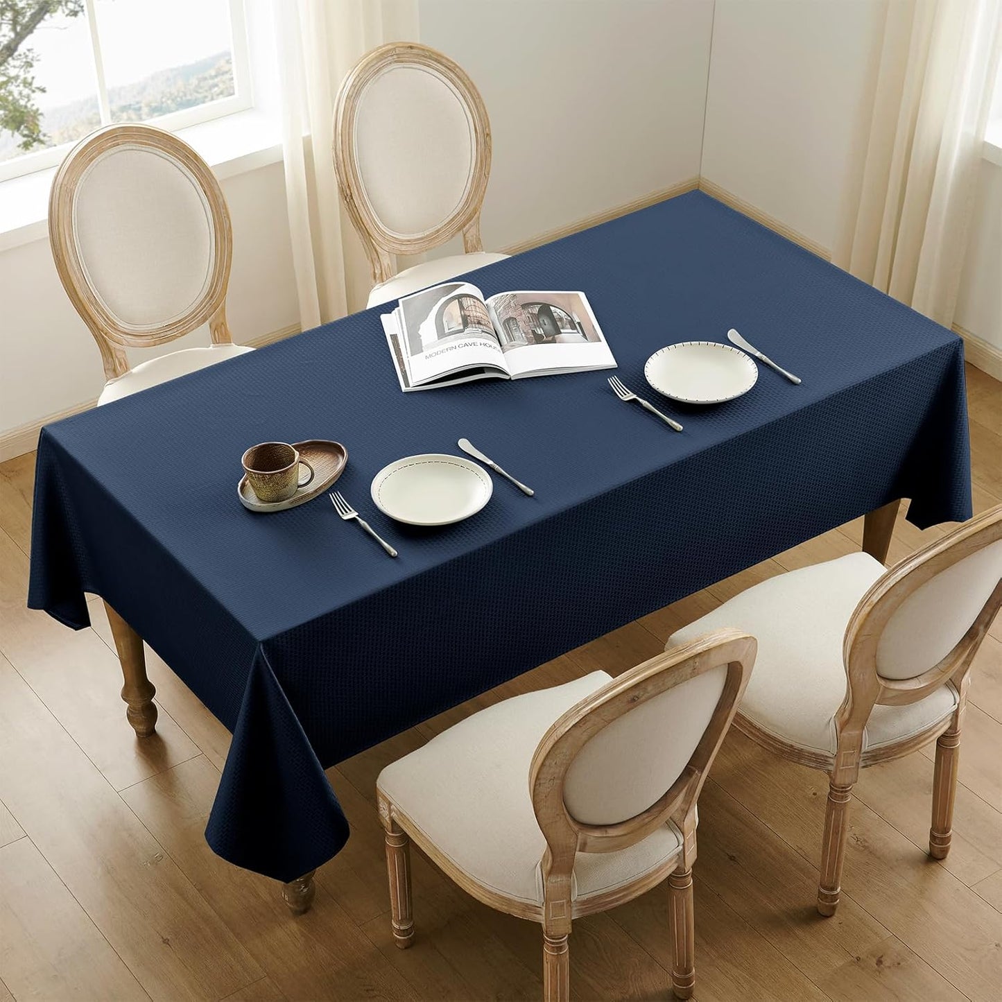Rectangle Tablecloth Weaved Textured Water Resistant Spill Proof Table Cloth, Decorative Fabric Wrinkle Free Table Cover for Events and Dinner, 60 X 84 Inch, Navy Blue