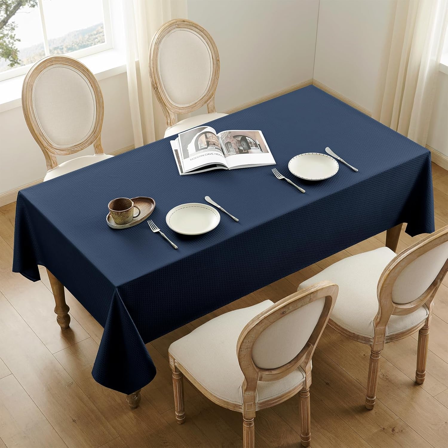 Rectangle Tablecloth Weaved Textured Water Resistant Spill Proof Table Cloth, Decorative Fabric Wrinkle Free Table Cover for Events and Dinner, 60 X 84 Inch, Navy Blue