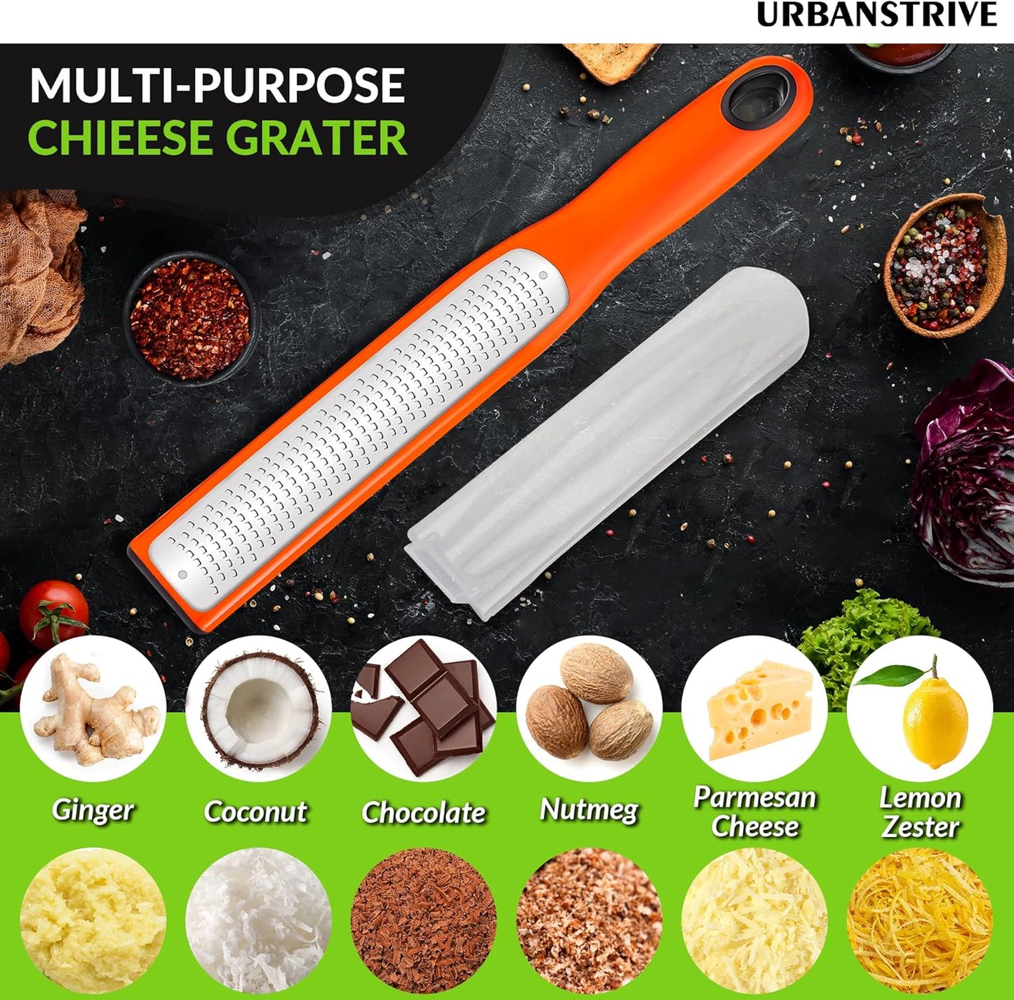 Zester Grater with Handle, Lemon Zester Cheese Grater for Kitchen Stainless Steel, Graters for Parmesan Cheese Garlic Nutmeg Chocolate Fruits Vegetables Ginger, Fine (Orange, Fine)