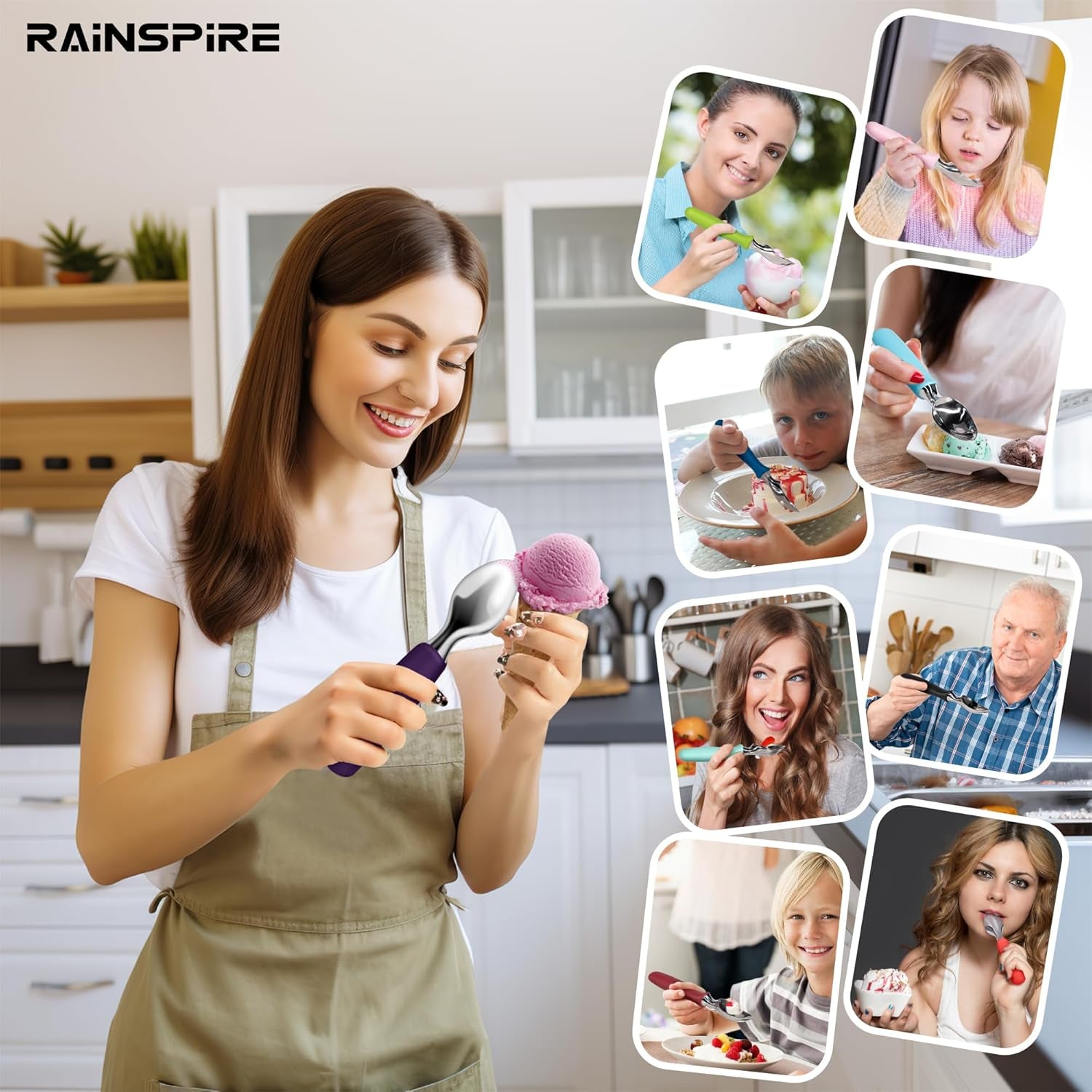 Ice Cream Scoop Stainless Steel, Ice Cream Scooper Professional Large Ice Cream Scoops with Non-Slip Rubber Handle, Ice Cream Spade for Cookie Dough, Gelato, Sorbet, Melon, Green