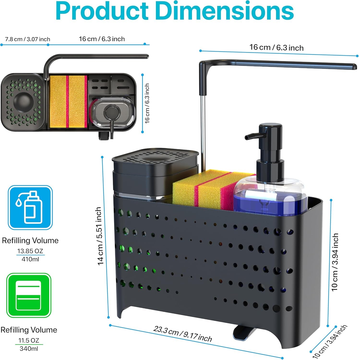 Sponge Holder for Kitchen Sink, High Brush Holder with Hand Soap & Dish Soap Dispenser - Perfect for Kitchen Countertop Organization, Includes Sponge, Dish Soap Dispenser Set