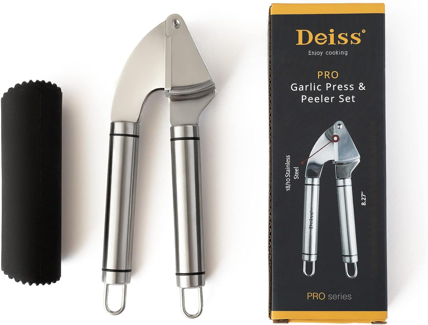 PRO Garlic Press and Silicone Garlic Peeler Set - Stainless Steel Rust Proof Garlic Mincer & Garlic Crusher for Ginger & Nuts, Garlic Roller Peeler - Easy to Squeeze and Clean, Dishwasher Safe