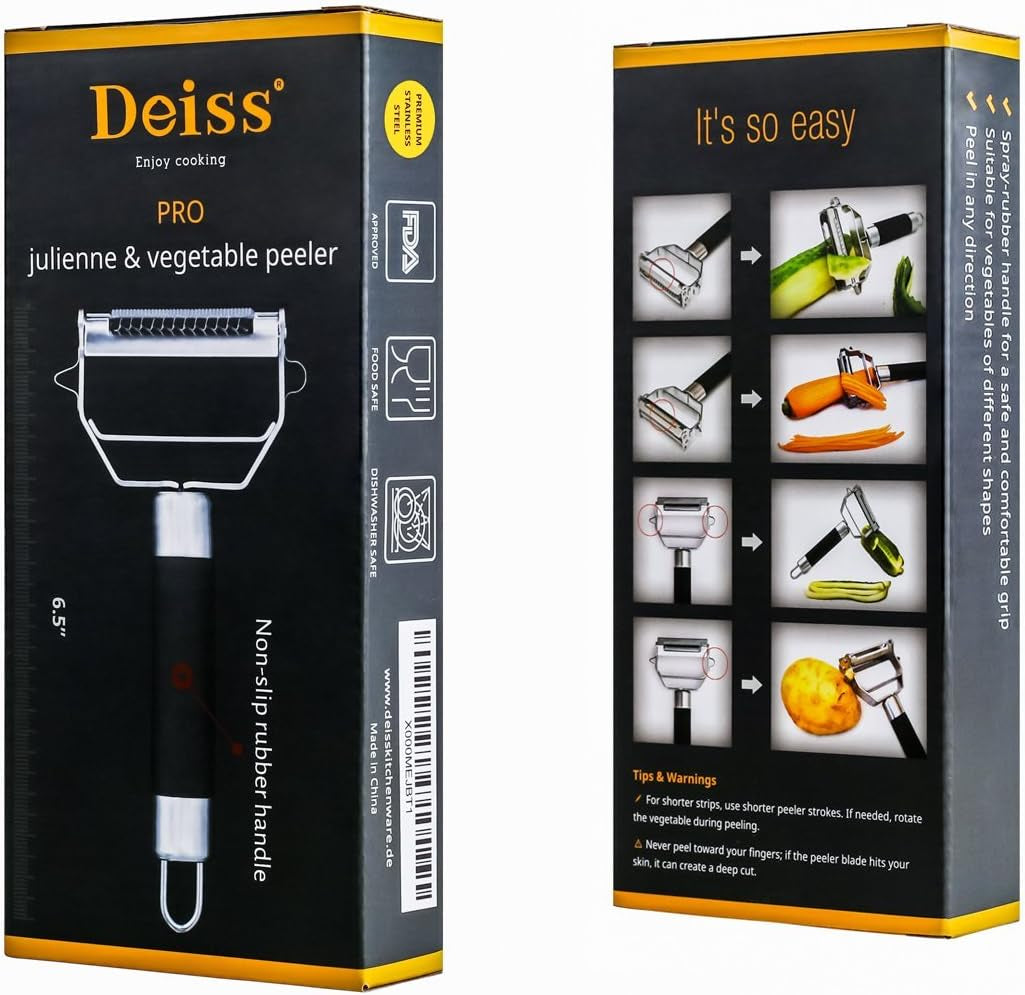 PRO Dual Julienne Peeler & Vegetable Peeler - Non-Slip Handle - Apple Peeler & Potato Peeler, Orange Peeler, Zoodles Maker - Y Peeler, Veggie Peeler for Making Delicious Veggie Noodles