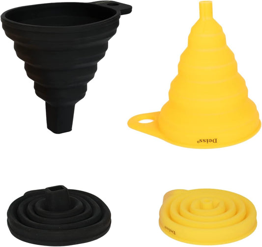 PRO Silicone Collapsible Funnel Set - Rounded & Squared Foldable Funnels - Food Grade, Dishwasher Safe - Set of 2 (Yellow, Black)