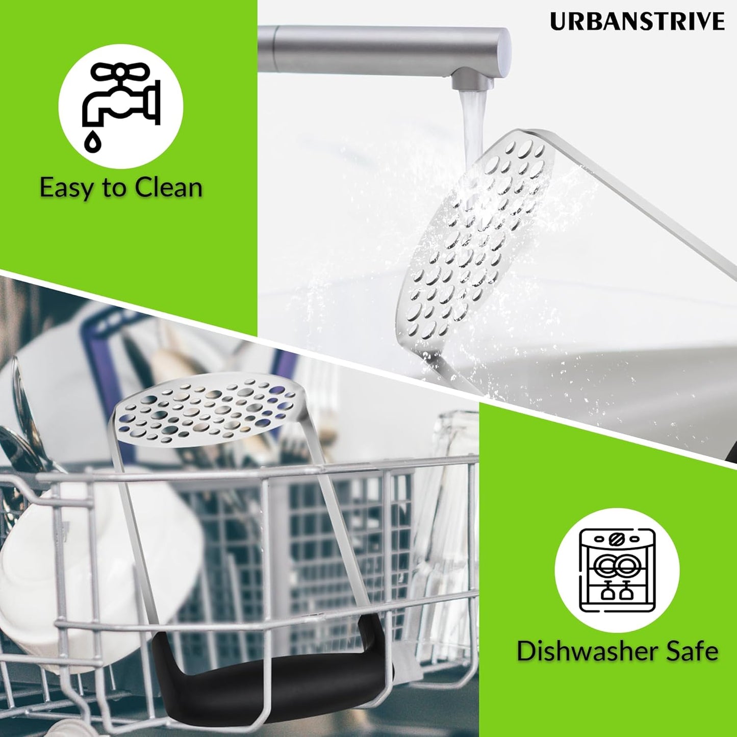 Upgraded Potato Masher, Durable Non-Break Handle, Rust-Proof, Dishwasher Safe, Heavy Duty 304 Stainless Steel, Kitchen Gadgets Gifts, Black