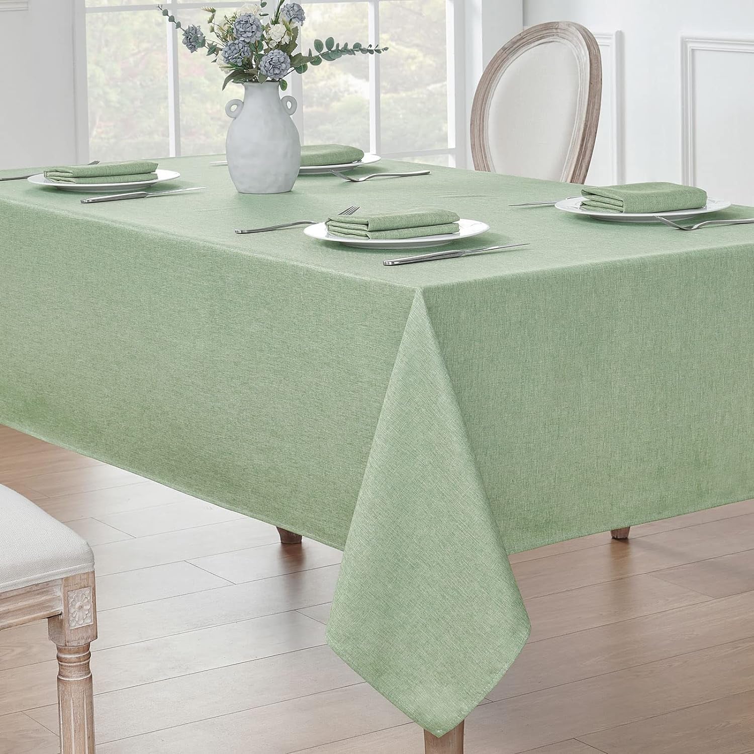 Rectangle Tablecloth Linen Textured Waterproof & Stain Resistant Table Cloth Wrinkle Free Decorative Fabric Farmhouse Table Cover for Dining/Party/Buffet/Wedding, 52 X 70 Inch, Sage Green