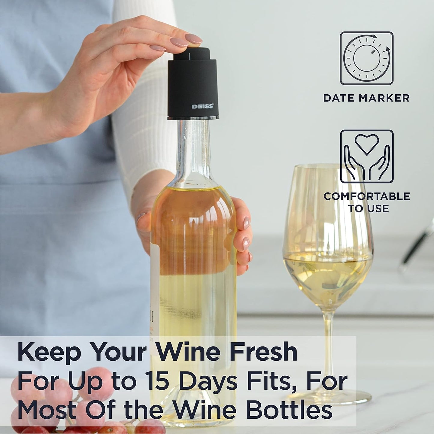 LUX [2 PCS] Wine Bottle Stopper, Reusable Wine Stoppers for Wine Bottles, Vacuum Wine Preserver with Date Markers Wine Stopper, Wine Saver to Keep Wine Really Fresh, Best Gift Wine Accessories