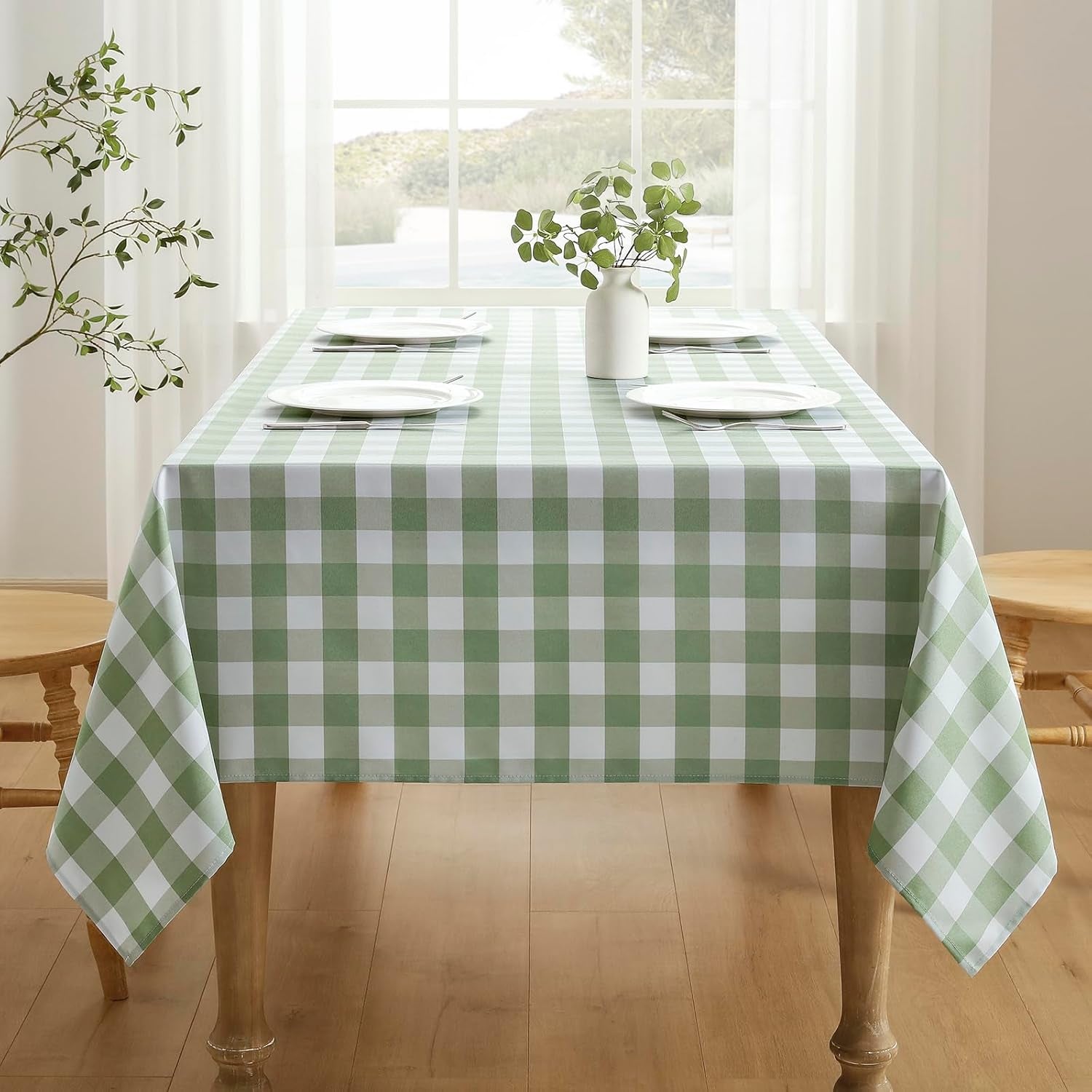 Checkered Tablecloth Rectangle Waterproof Gingham Table Cloth Washable Buffalo Plaid Table Cover Wrinkle Free for Kitchen, Dining and Outdoor Picnic, 52 X 70 Inch, Sage Green and White