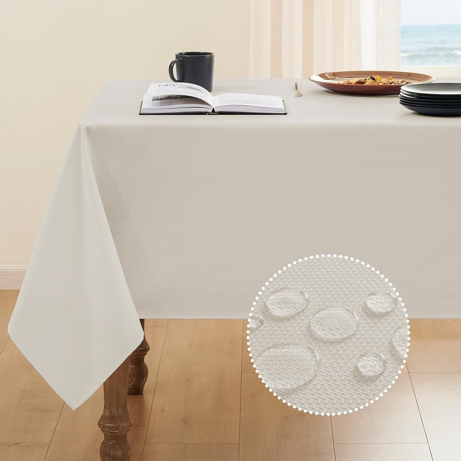 Textured Tablecloth Rectangle Waterproof Table Cloth, Washable Table Cover Wrinkle Free Fabric Tabletop Decoration for Kitchen, Dining, Wedding, Parties, 60 X 84 Inch, Ivory