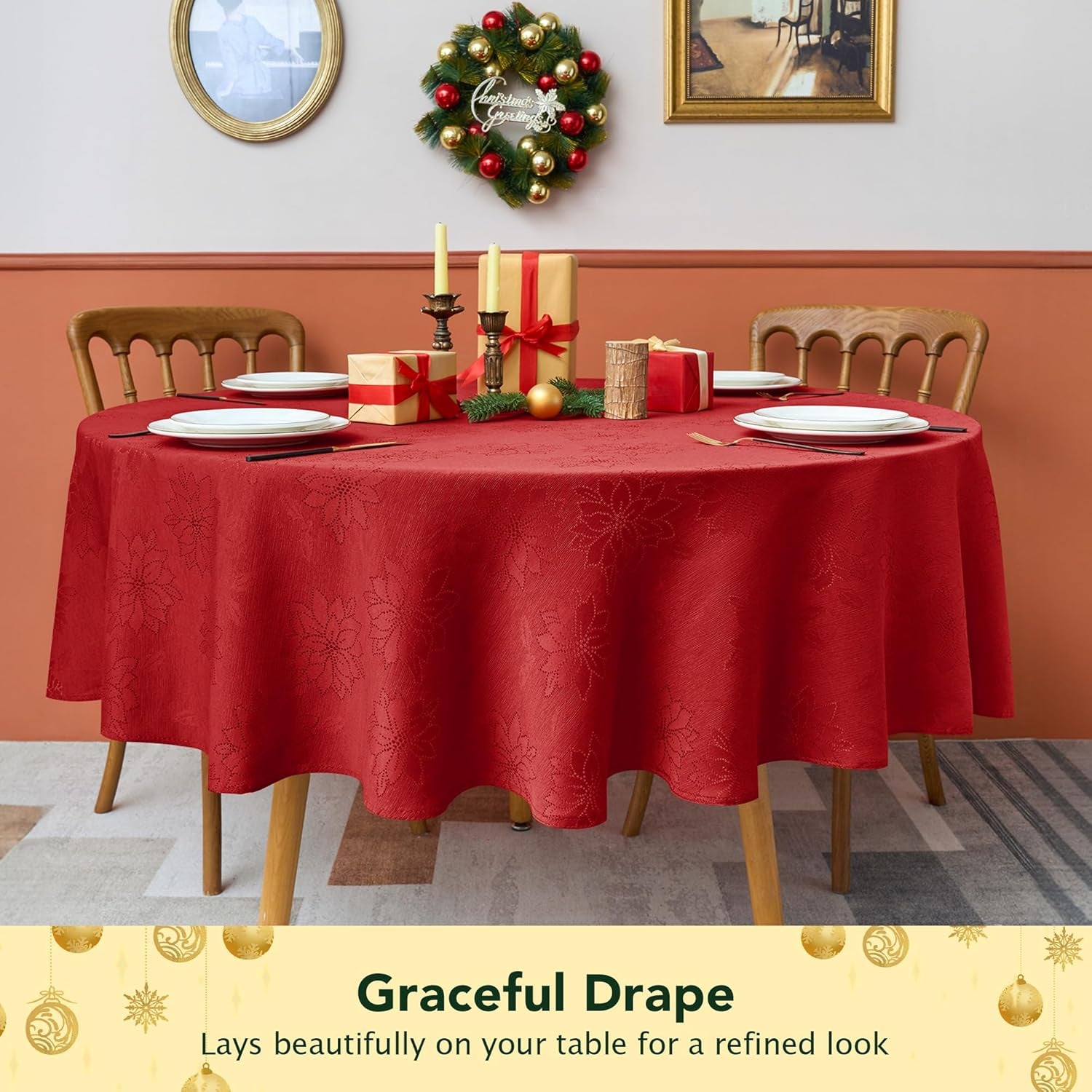 Christmas Red Tablecloth round 60 Inch-Fabric Xmas Holiday Winter Table Cloth-Jacquard Damask Poinsettia Modern Table Cover Small Circle Kitchen Dinner Dining Picnic Holiday Parties