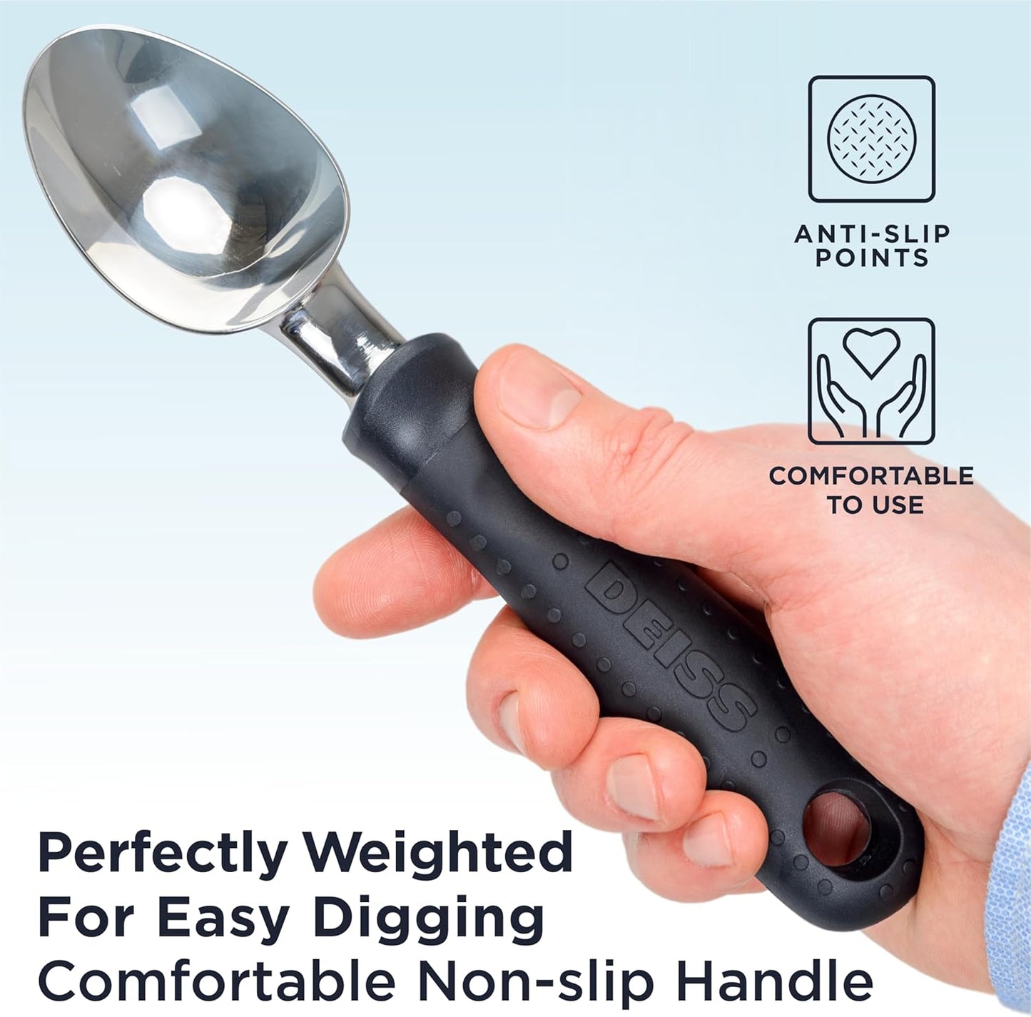 Pro Ice Cream Scoop, Stainless Steel with Soft Rubber Handle, Perfect Ergonomic Design for Easy Grip, Heavy Duty Ice Cream Scooper for Spooning Frozen Hard Gelato and Sorbet, Cookie Dough