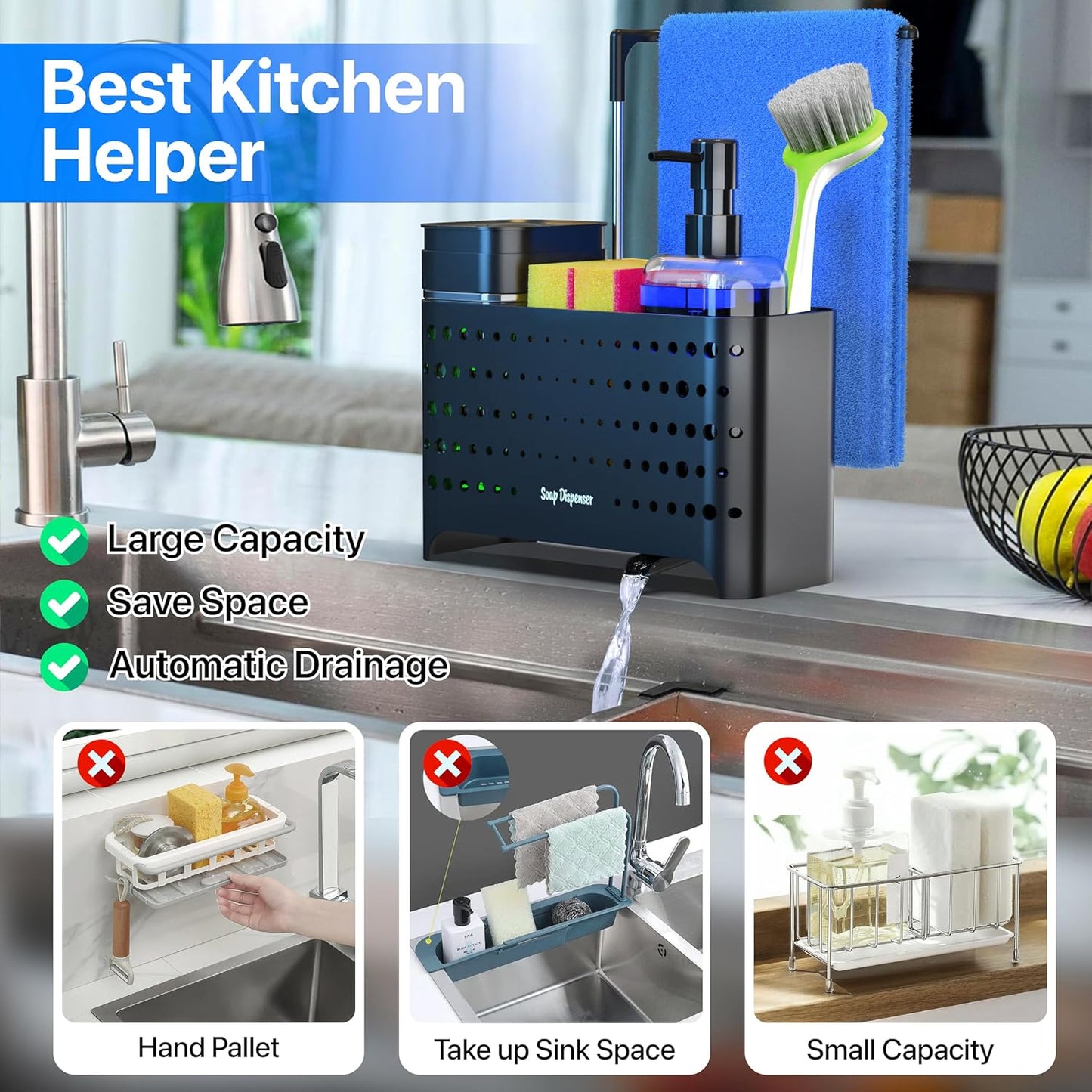 Sponge Holder for Kitchen Sink, High Brush Holder with Hand Soap & Dish Soap Dispenser - Perfect for Kitchen Countertop Organization, Includes Sponge, Dish Soap Dispenser Set
