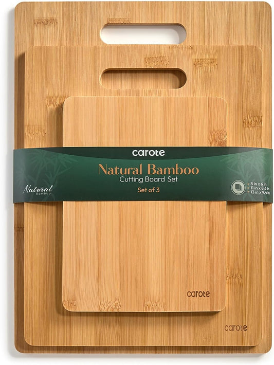 3Pcs Bamboo Cutting Boards Set, Thick Wood Cutting Board for Kitchen Wooden, Knife Friendly, Ideal for Chopping Meat Vegetables and Fruit Serving Tray with Handles