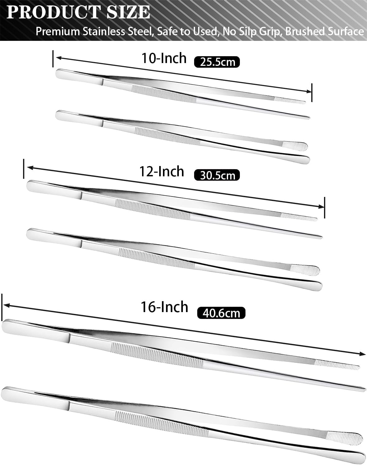 2 Pcs 10-Inch Cooking Tweezers Stainless Steel, Straight Food Tweezers, Professional Kitchen Forceps for Cooking Repairing and BBQ (Silver)