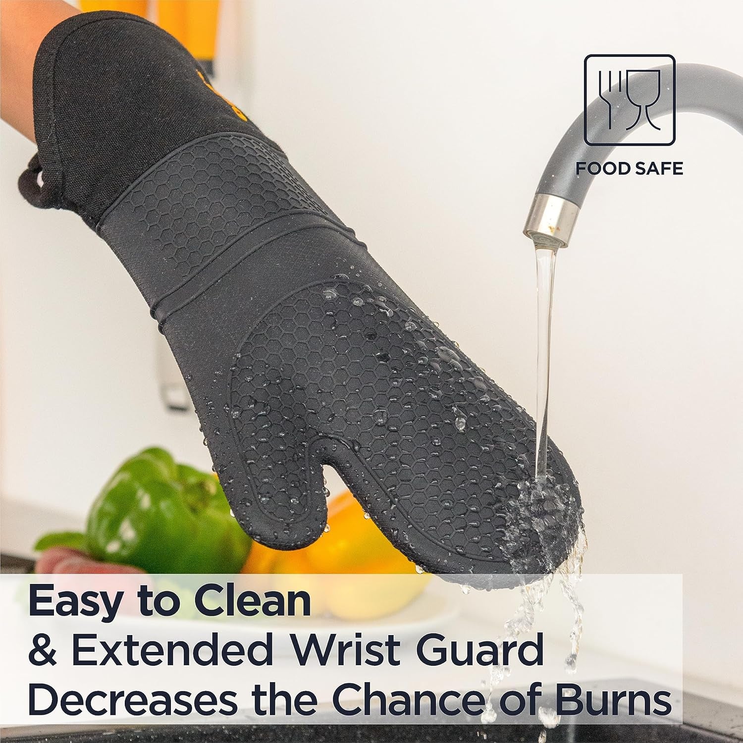 PRO Heat and Stain Resistant Silicone Oven Mitts Set, Soft Cotton Lining BBQ Gloves, Waterproof, Extra Long Flexible Thick Kitchen Mitts for Cooking, Non-Slip Grip Oven Gloves