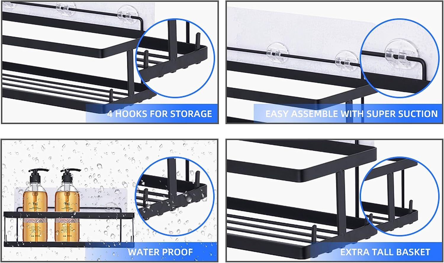 Set of 6 Bathroom Essentials Black Suction Cup Shower Caddy with Shower Baskets, Hooks, Razor Toothbrush Holder, and Soap Dish for inside Shower Storage