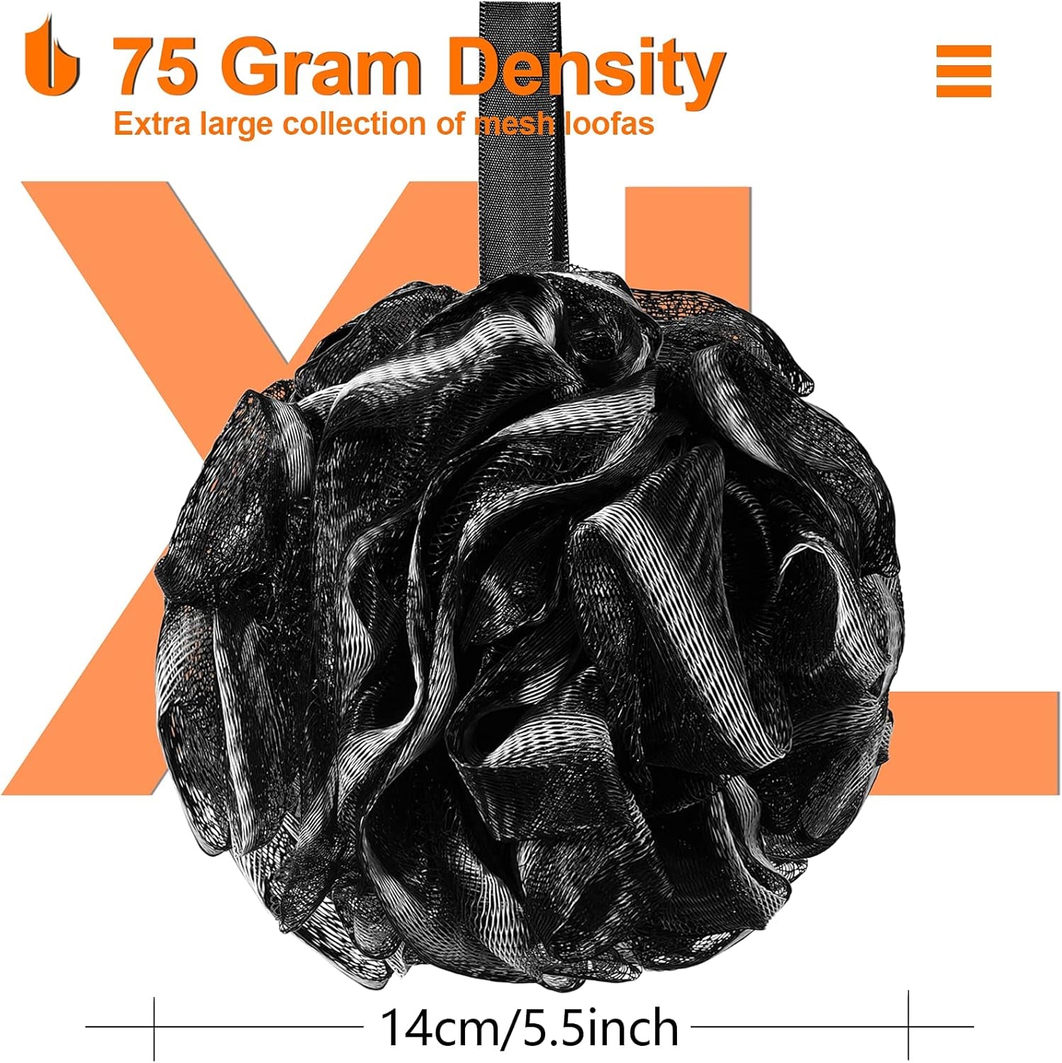 Shower Bath Sponge XL 75G Soft Shower Loofahs Balls for Body Wash Men Women Bathroom Accessories, 1 Pack, Black