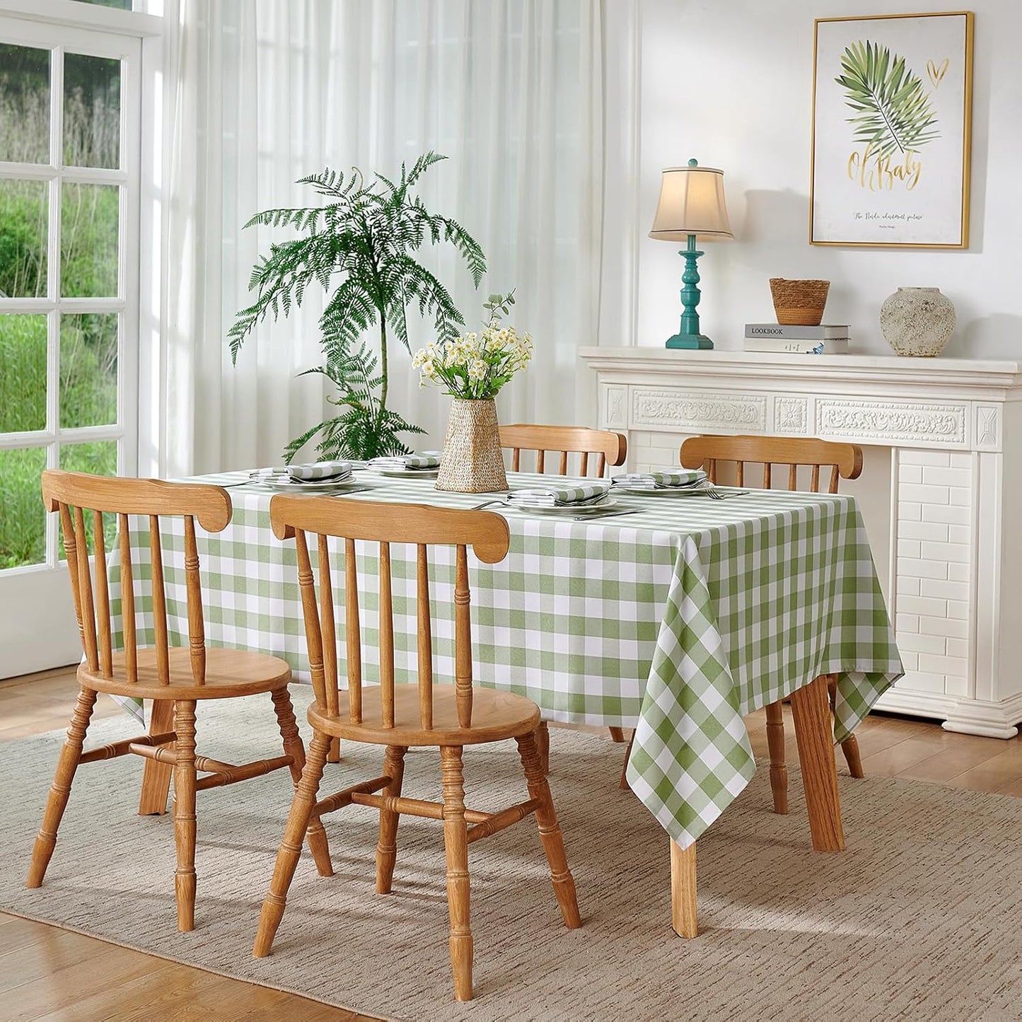 Checkered Tablecloth Rectangle Waterproof Gingham Table Cloth Washable Buffalo Plaid Table Cover Wrinkle Free for Kitchen, Dining and Outdoor Picnic, 52 X 70 Inch, Sage Green and White