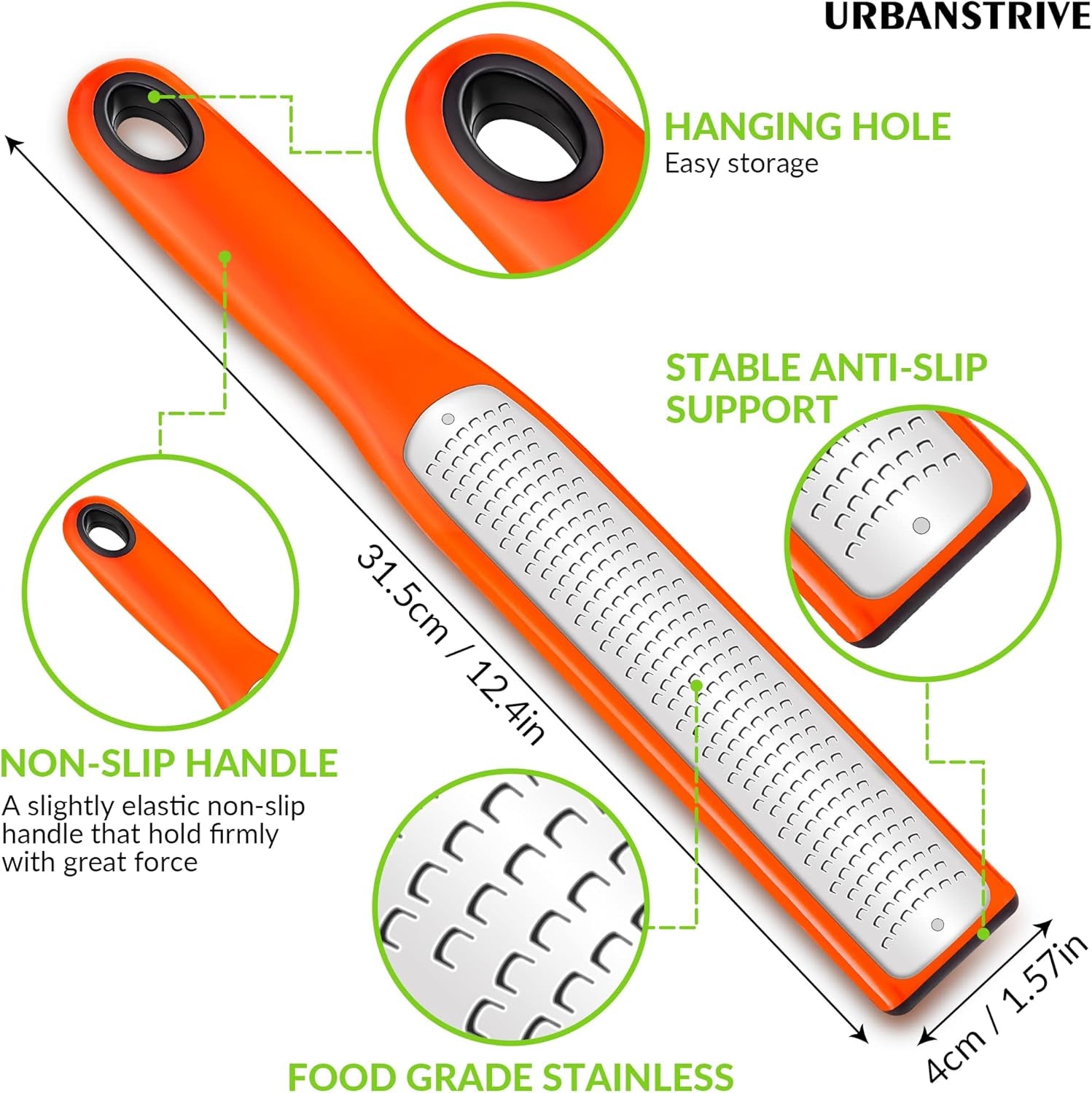 Zester Grater with Handle, Lemon Zester Cheese Grater for Kitchen Stainless Steel, Graters for Parmesan Cheese Garlic Nutmeg Chocolate Fruits Vegetables Ginger, Fine (Orange, Fine)