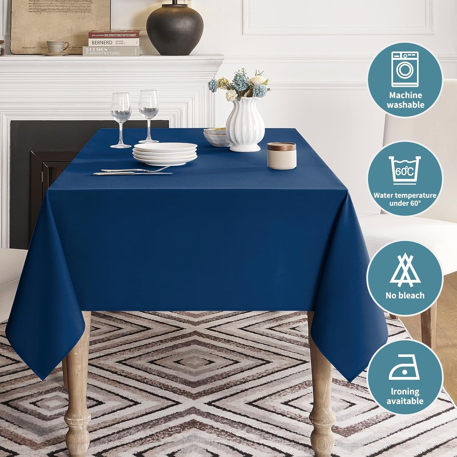 Table Cloth Rectangle Waterproof Spill-Proof Wrinkle-Free Tablecloth Washable, Kitchen Dining Tabletop Decoration, Fabric Table Cover for Indoor and Outdoor Use, 60 X 120 Inch, Navy Blue