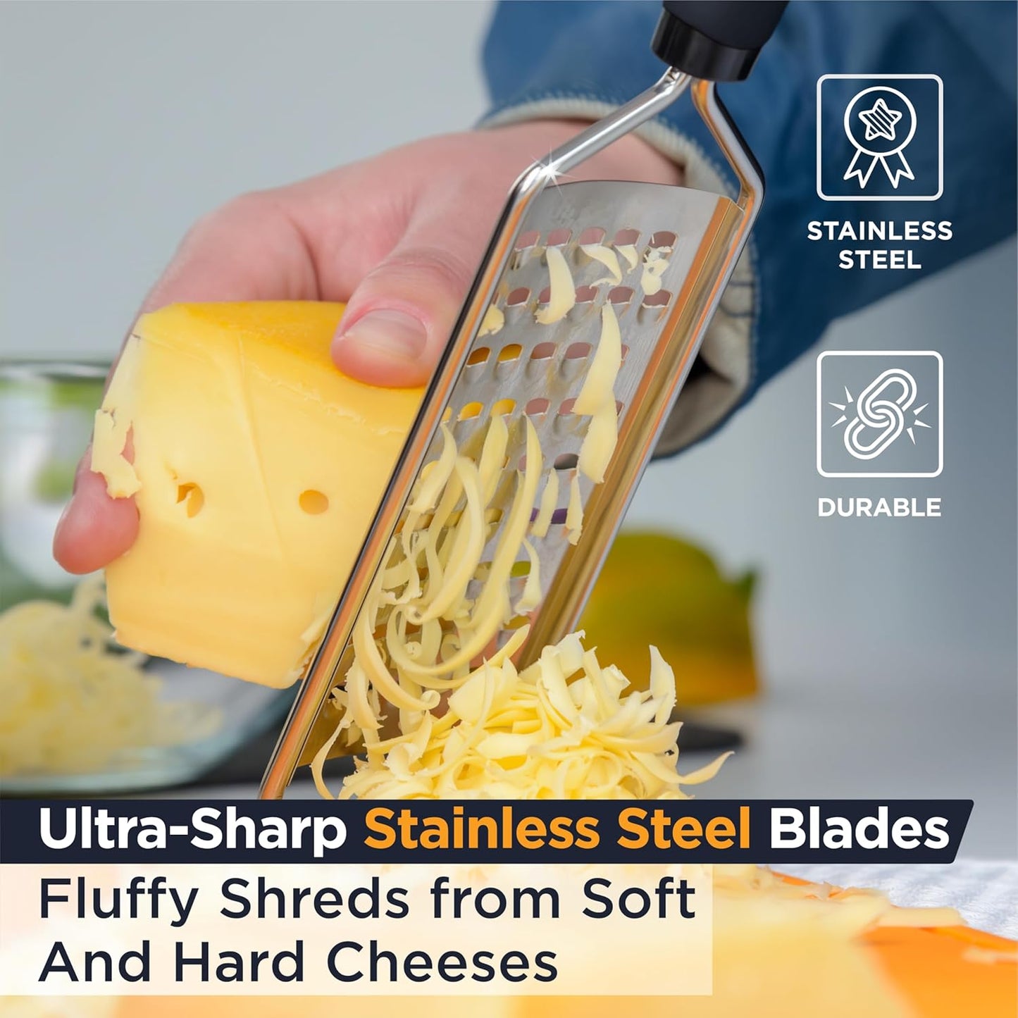 PRO Coarse Grater & Hand Held Cheese Grater - Sharp Stainless Steel Blades, Non-Slip Handle, Small Cheese Grater for Kitchen, Shredder, Dishwasher Safe
