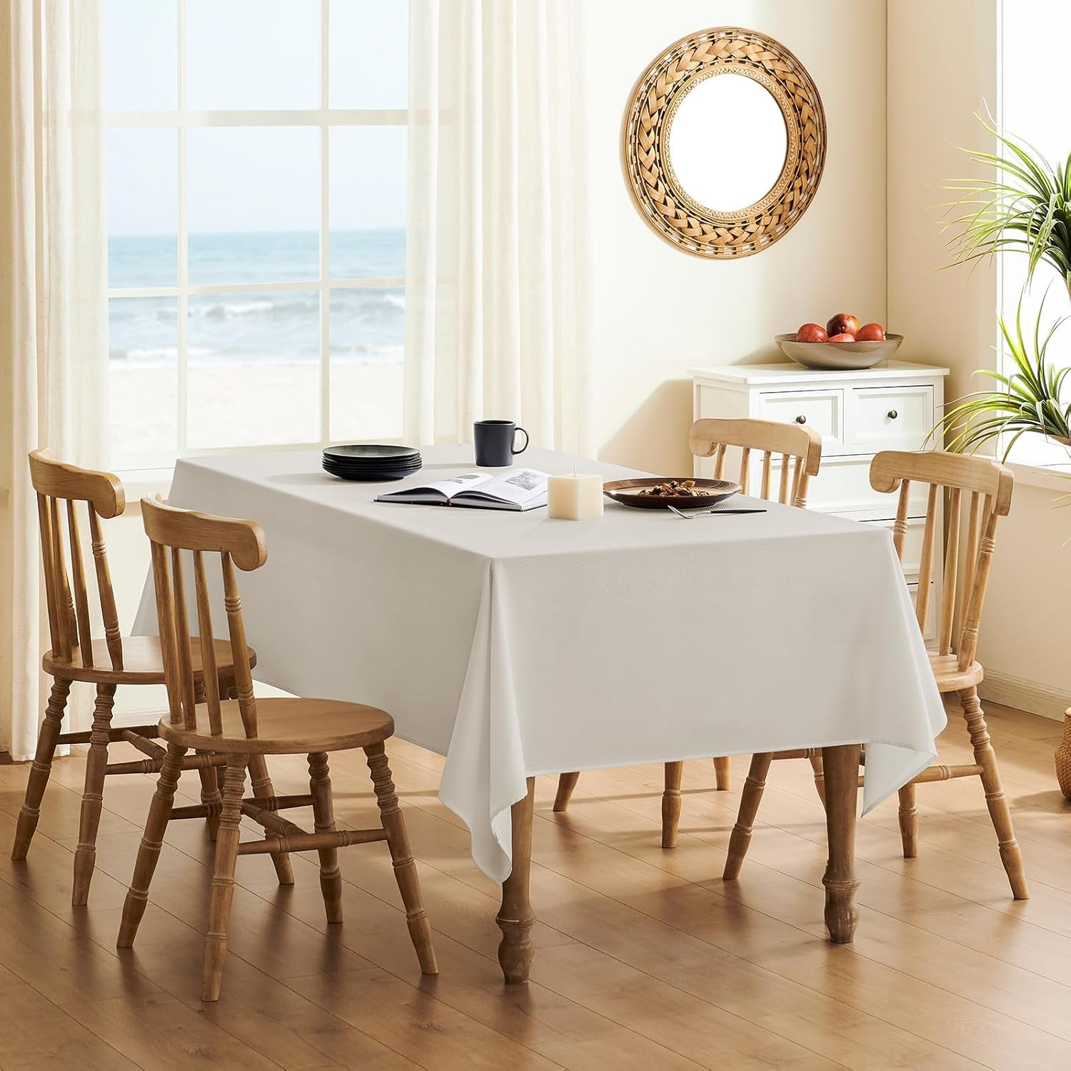 Textured Tablecloth Rectangle Waterproof Table Cloth, Washable Table Cover Wrinkle Free Fabric Tabletop Decoration for Kitchen, Dining, Wedding, Parties, 60 X 84 Inch, Ivory